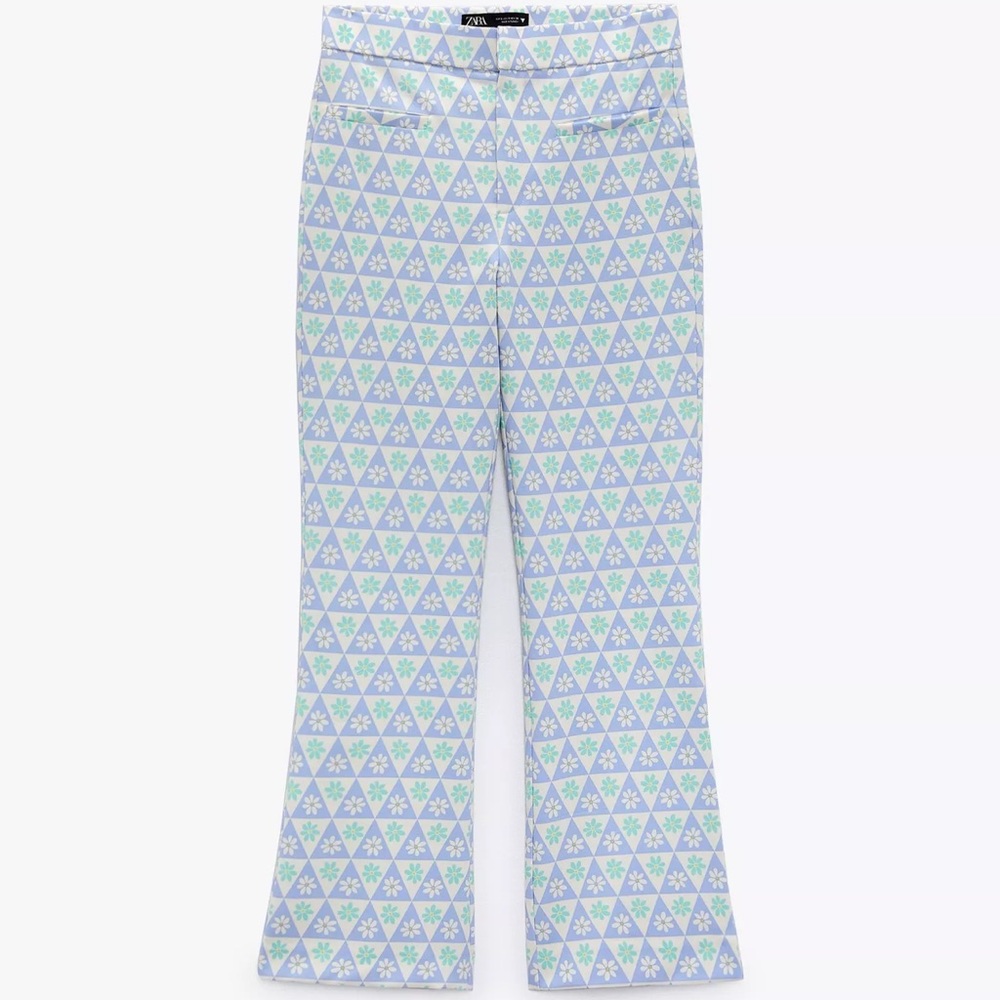 Zara Triangular Patterned Cropped Pants In Blue A… - image 1